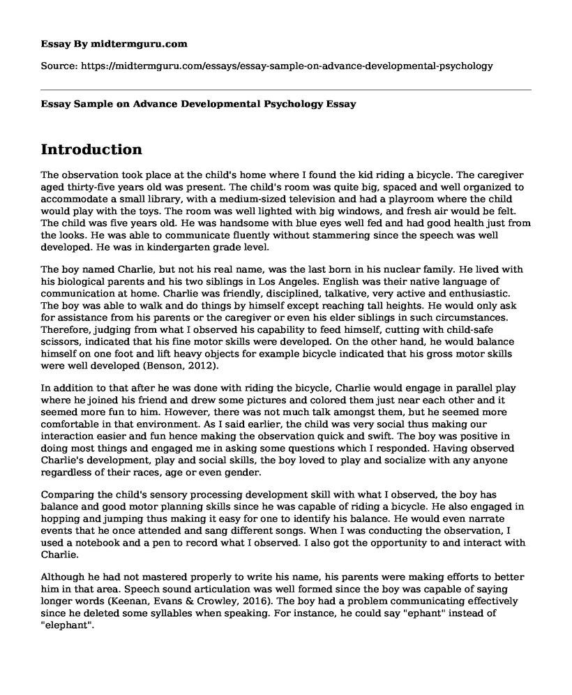 Essay Sample on Advance Developmental Psychology