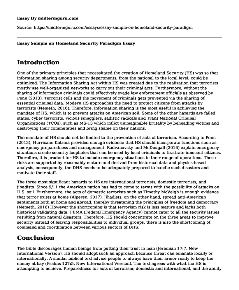 Essay Sample on Homeland Security Paradigm