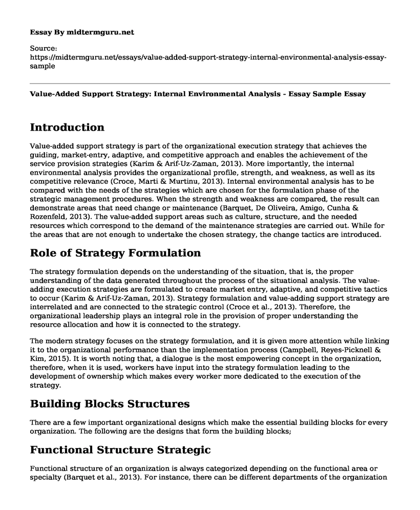 Value-Added Support Strategy: Internal Environmental Analysis - Essay Sample