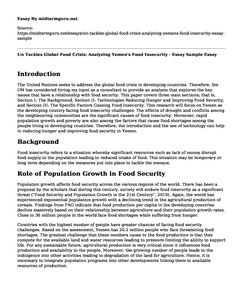 Un Tackles Global Food Crisis: Analyzing Yemen's Food Insecurity - Essay Sample