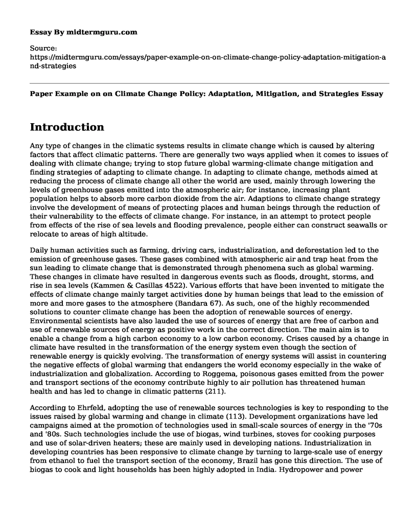 Paper Example on on Climate Change Policy: Adaptation, Mitigation, and Strategies