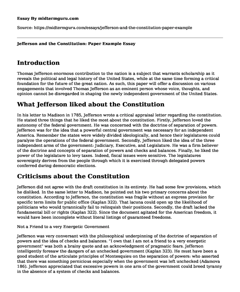 Jefferson and the Constitution: Paper Example
