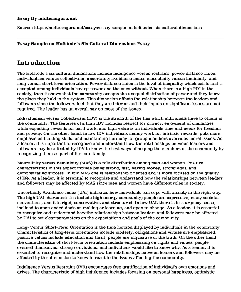 Essay Sample on Hofstede's Six Cultural Dimensions