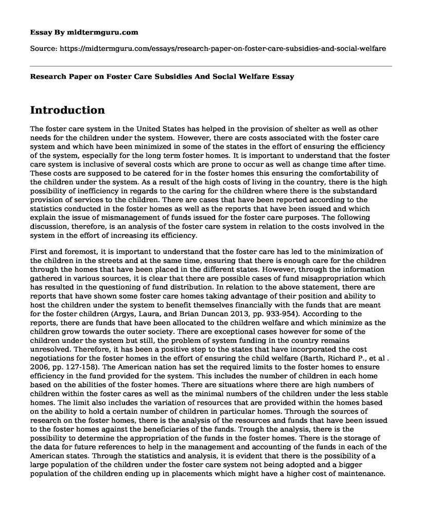 Research Paper on Foster Care Subsidies And Social Welfare
