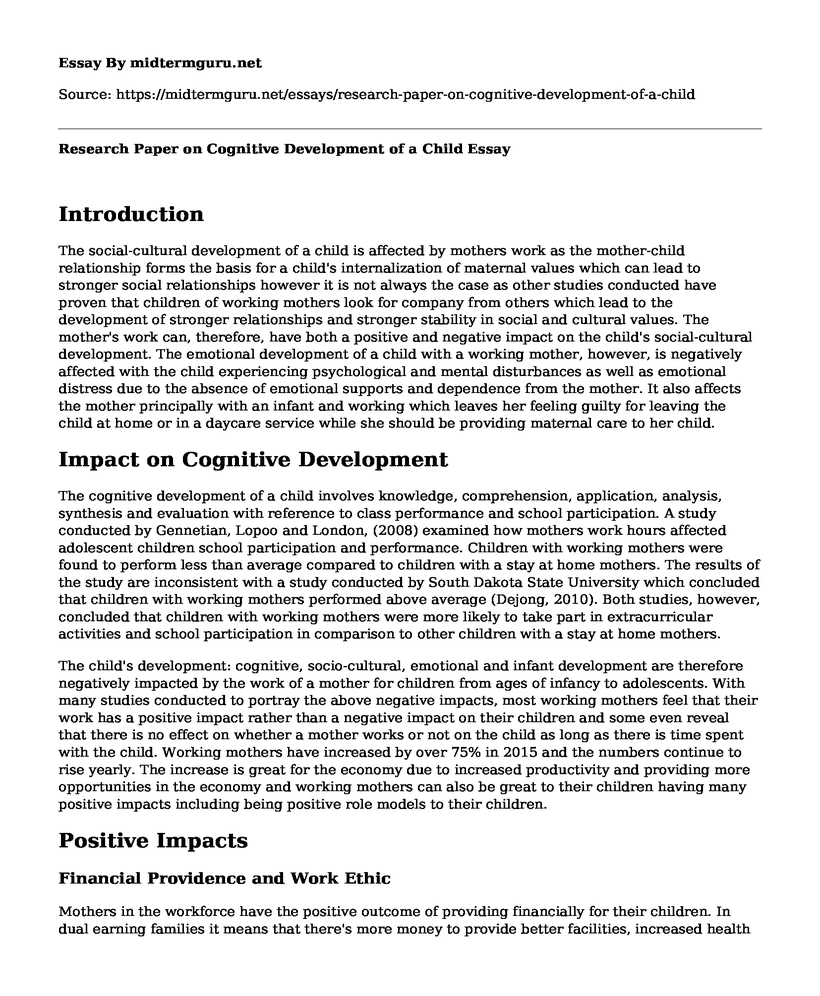 Research Paper on Cognitive Development of a Child