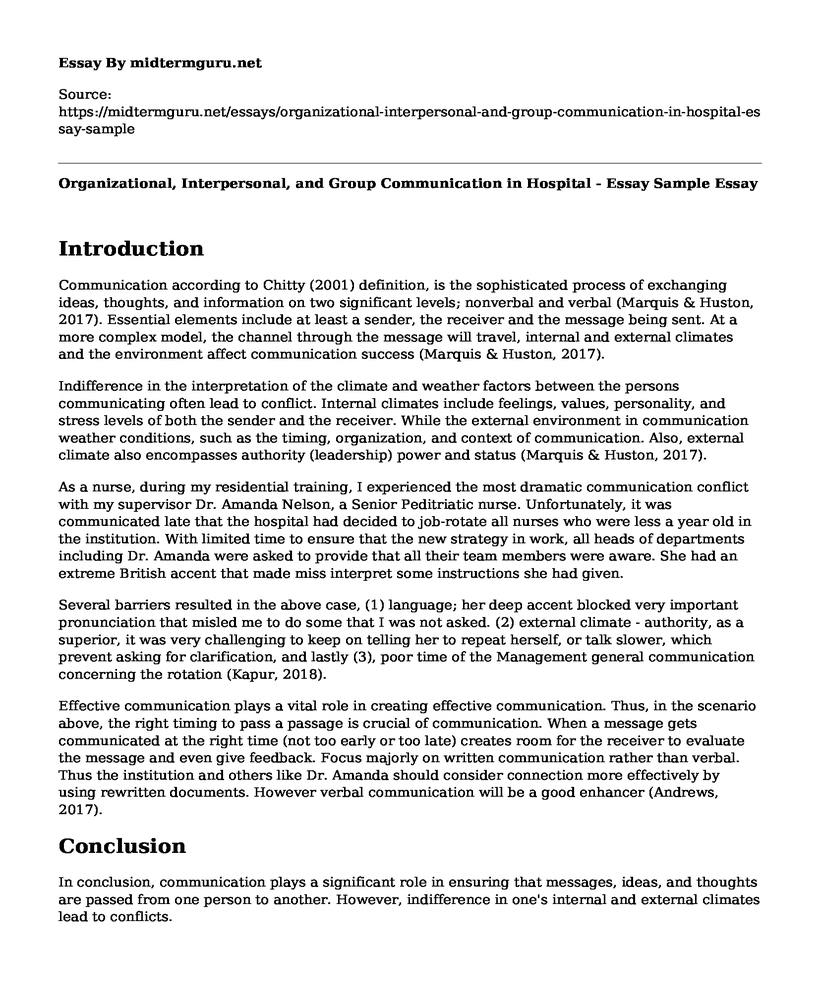 Organizational, Interpersonal, and Group Communication in Hospital - Essay Sample