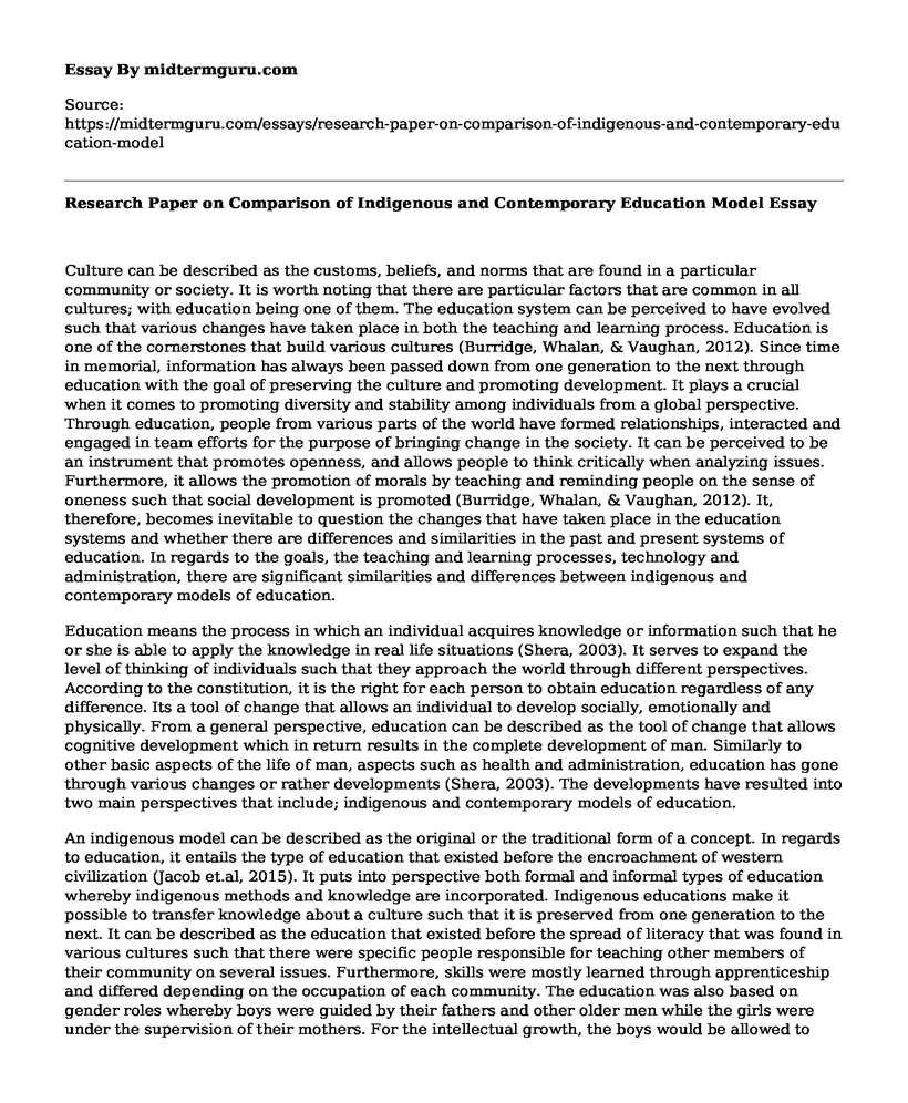 Research Paper on Comparison of Indigenous and Contemporary Education Model