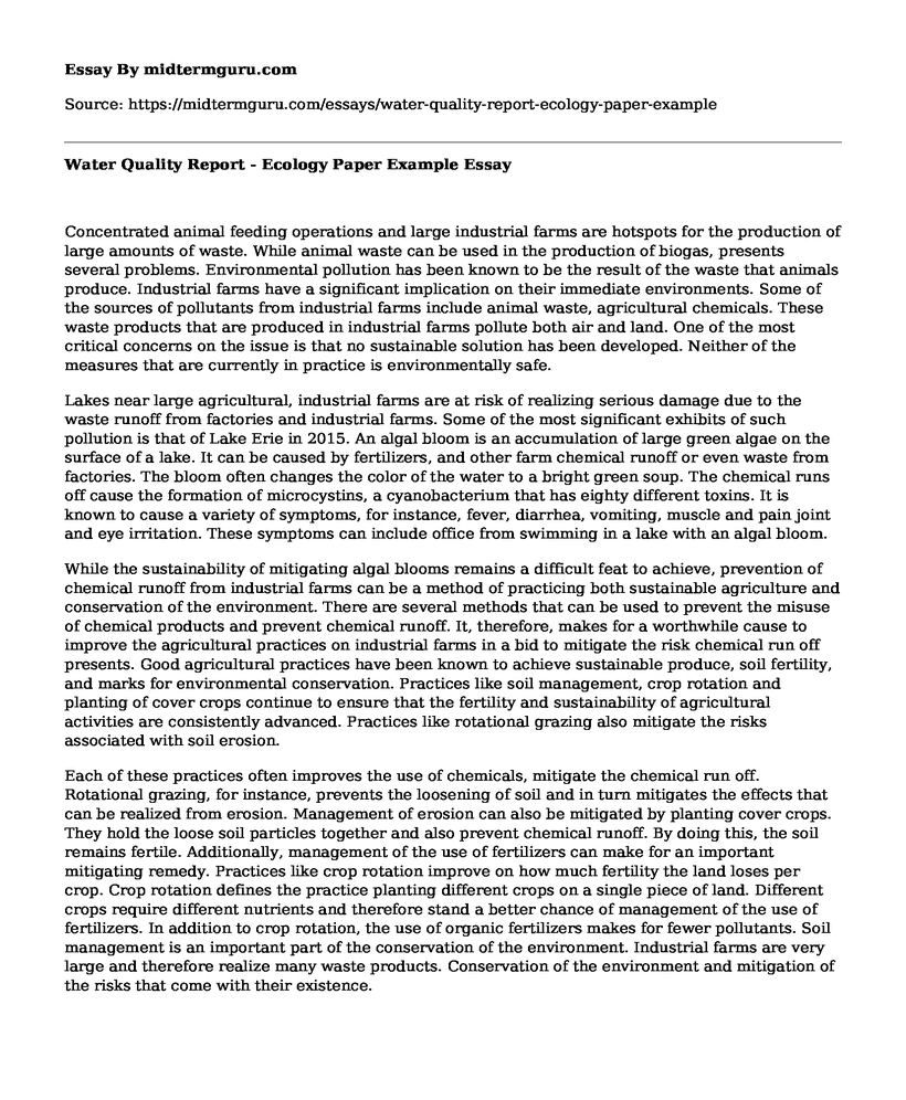 Water Quality Report - Ecology Paper Example