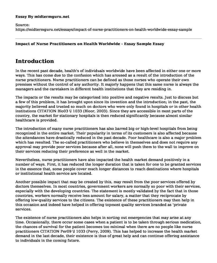 Impact of Nurse Practitioners on Health Worldwide - Essay Sample
