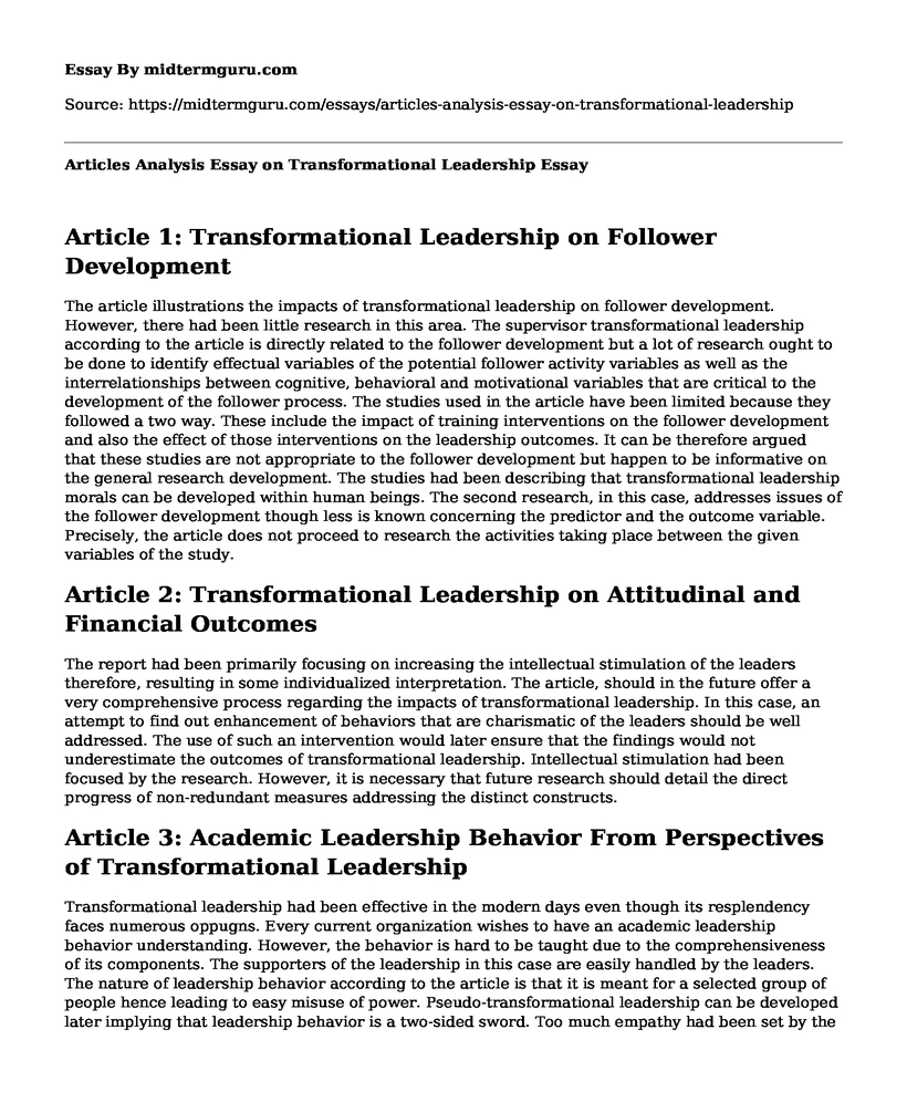 Articles Analysis Essay on Transformational Leadership