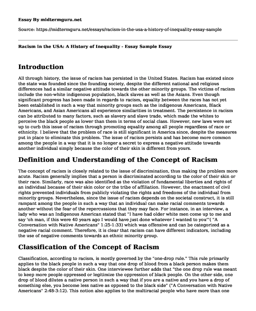 Racism in the USA: A History of Inequality - Essay Sample