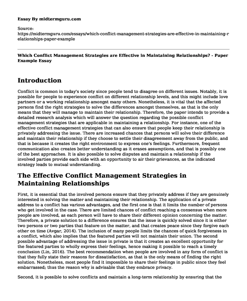Which Conflict Management Strategies are Effective in Maintaining Relationships? - Paper Example