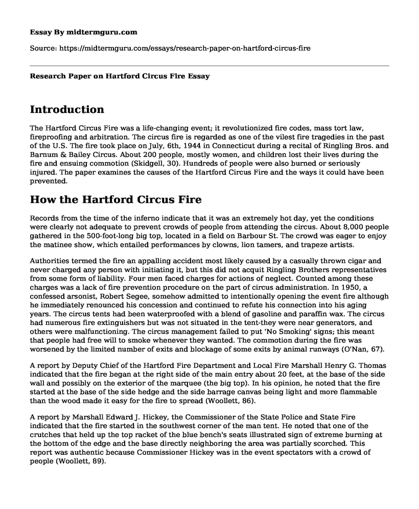 Research Paper on Hartford Circus Fire