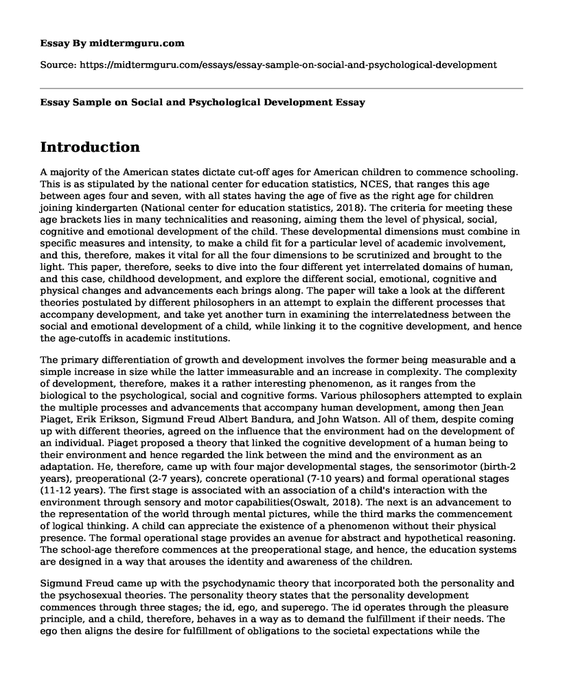 Essay Sample on Social and Psychological Development
