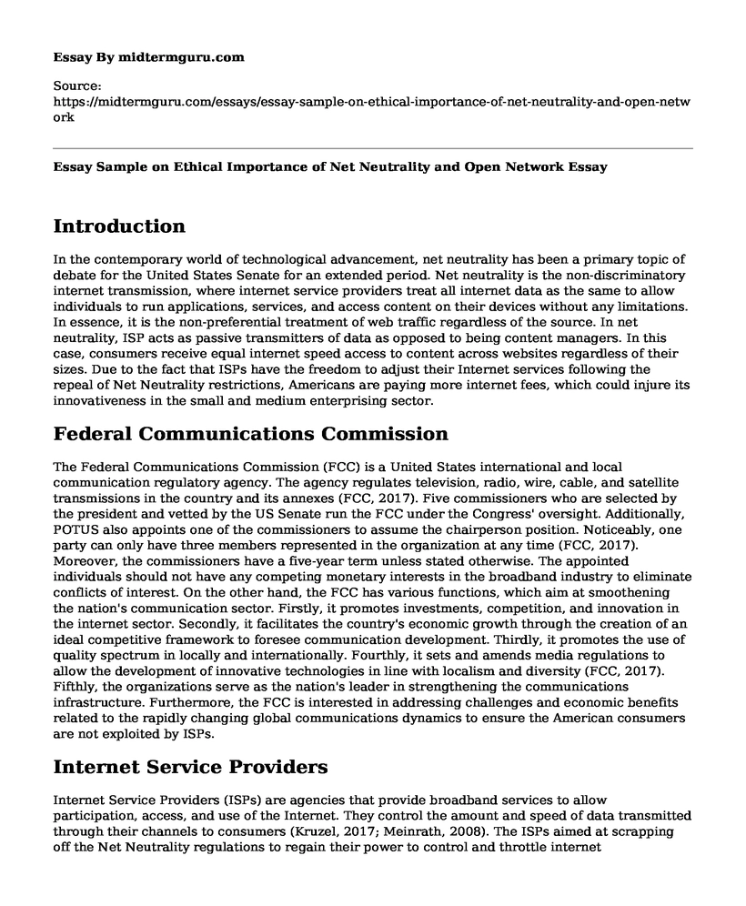 Essay Sample on Ethical Importance of Net Neutrality and Open Network