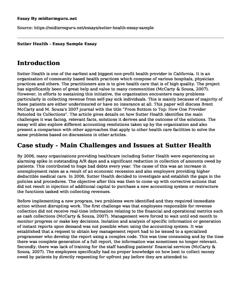 Sutter Health - Essay Sample