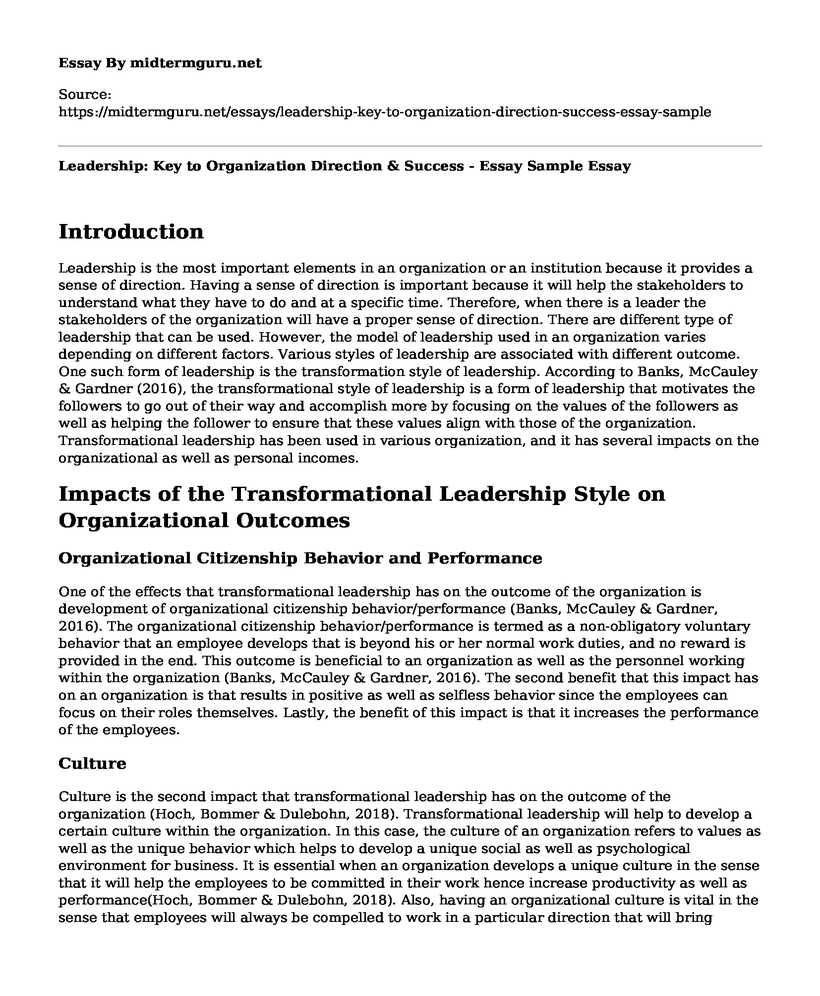 Leadership: Key to Organization Direction & Success - Essay Sample