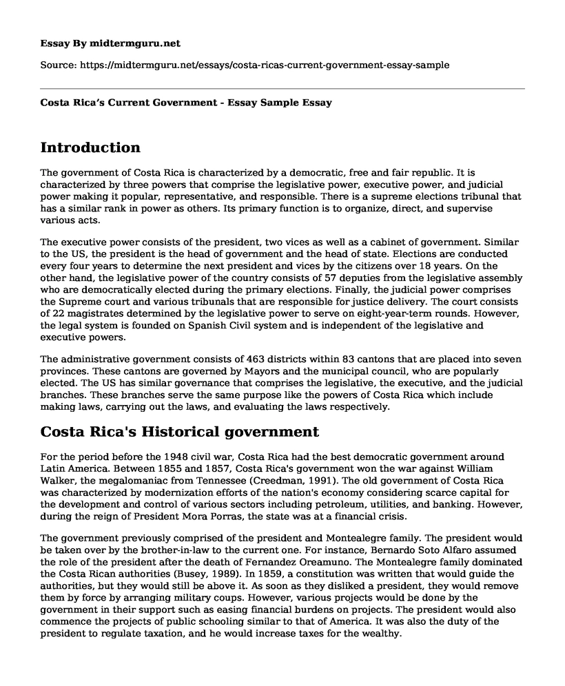 Costa Rica's Current Government - Essay Sample