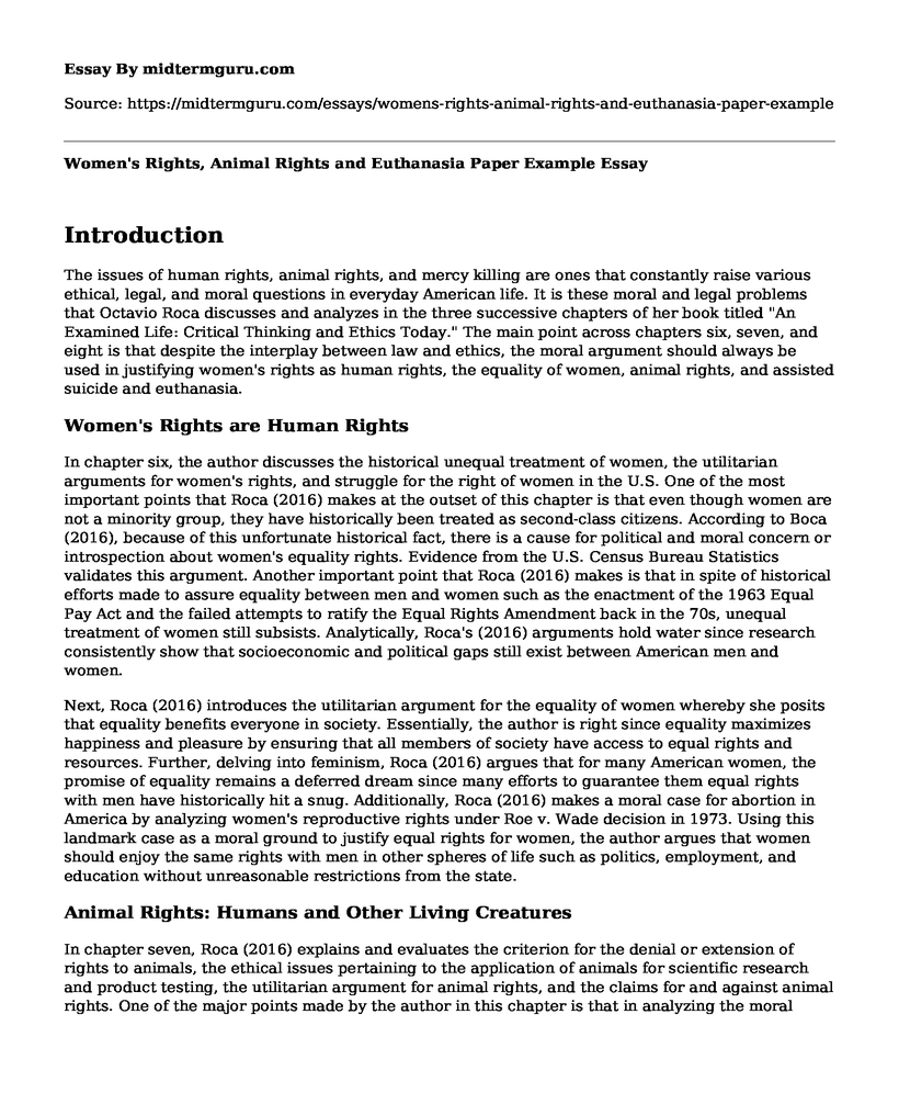 Women's Rights, Animal Rights and Euthanasia Paper Example
