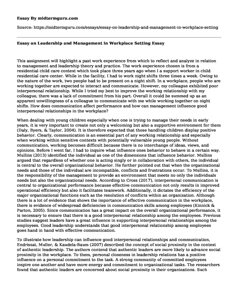 Essay on Leadership and Management in Workplace Setting