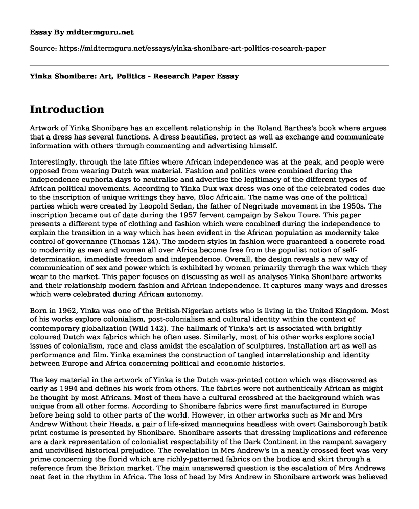 Yinka Shonibare: Art, Politics - Research Paper