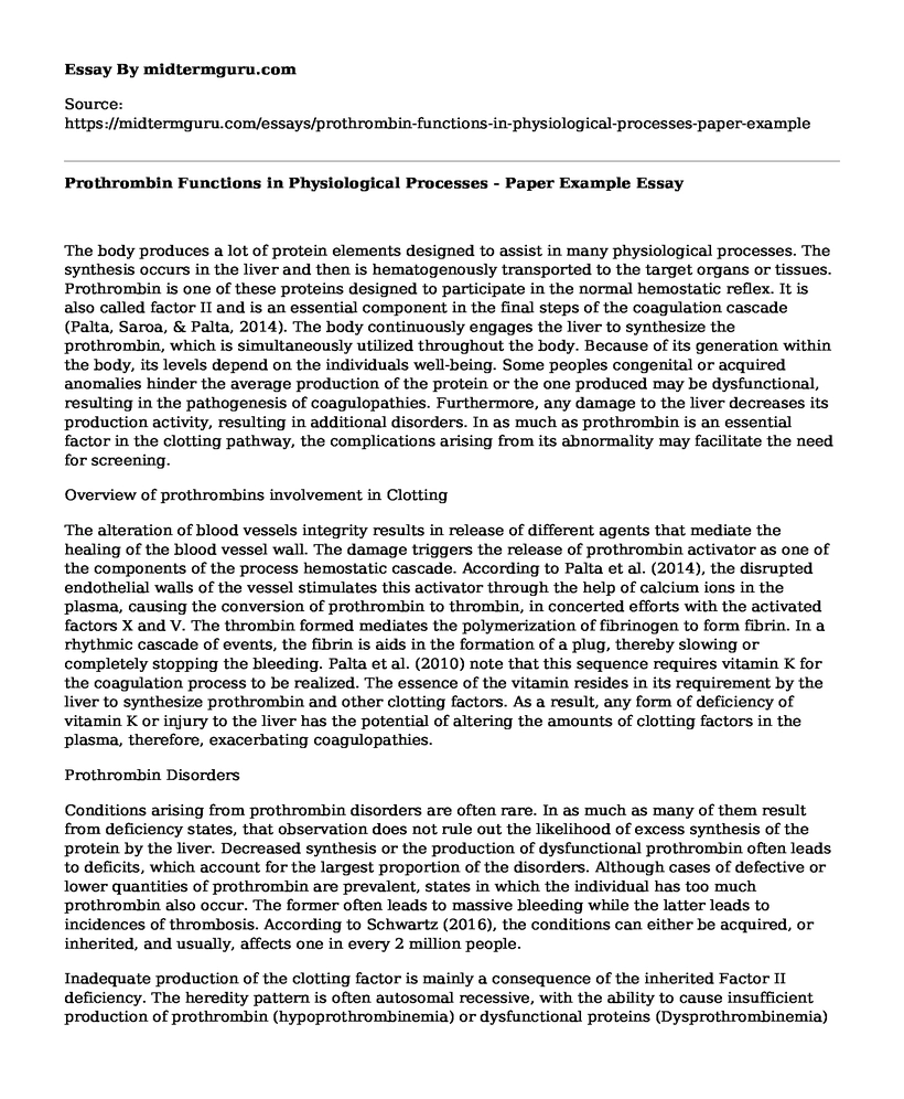 Prothrombin Functions in Physiological Processes - Paper Example