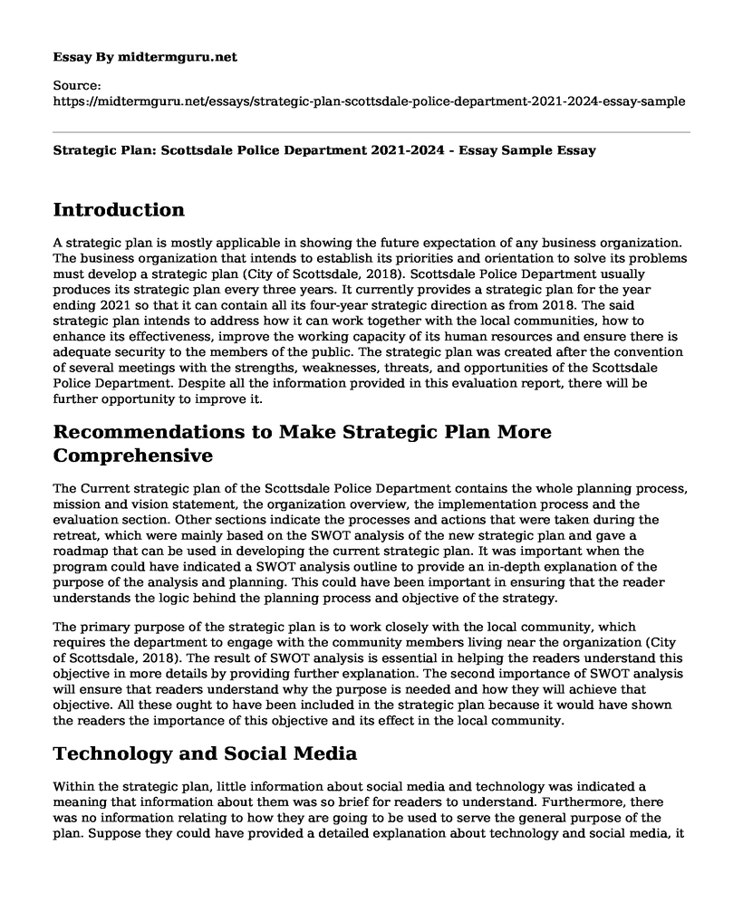 Strategic Plan: Scottsdale Police Department 2021-2024 - Essay Sample