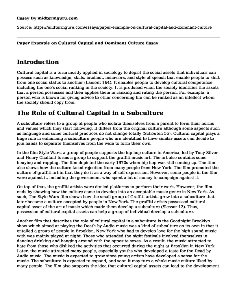 Paper Example on Cultural Capital and Dominant Culture