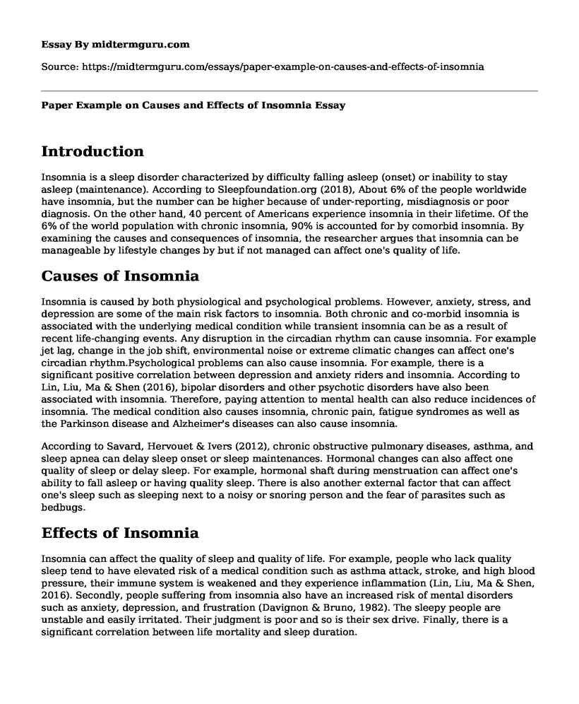 Paper Example on Causes and Effects of Insomnia