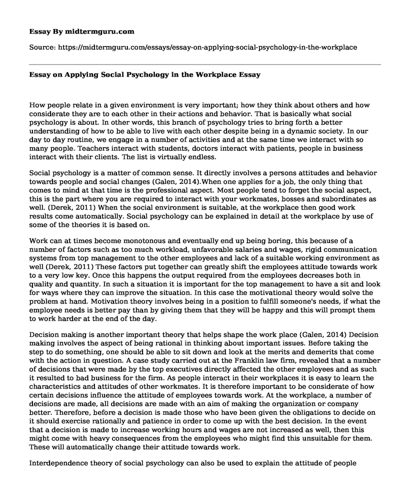 Essay on Applying Social Psychology in the Workplace