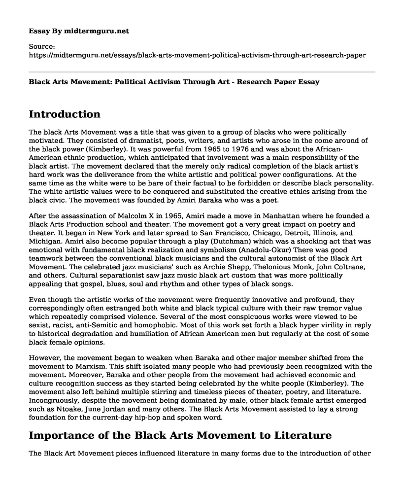 Black Arts Movement: Political Activism Through Art - Research Paper
