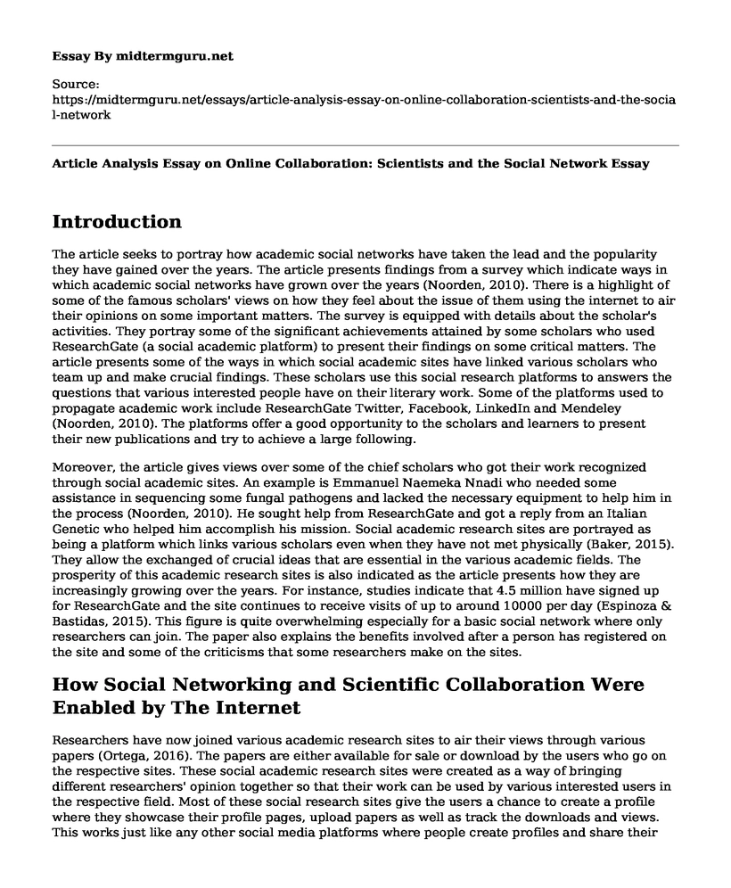 Article Analysis Essay on Online Collaboration: Scientists and the Social Network
