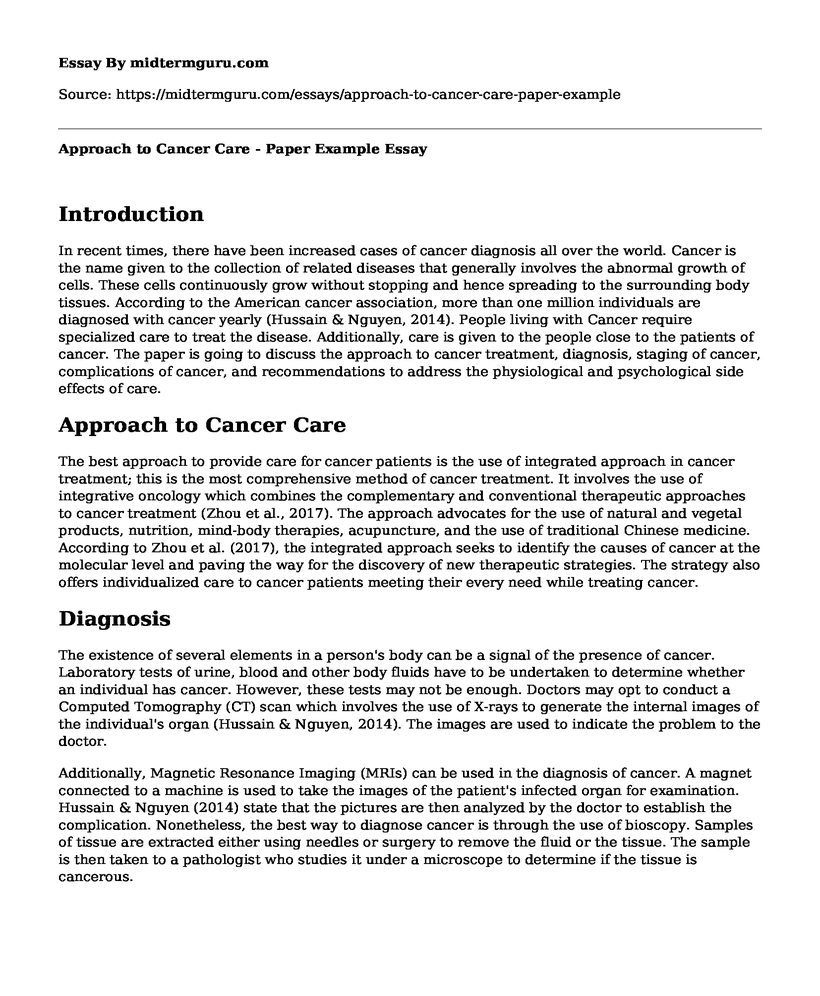 Approach to Cancer Care - Paper Example