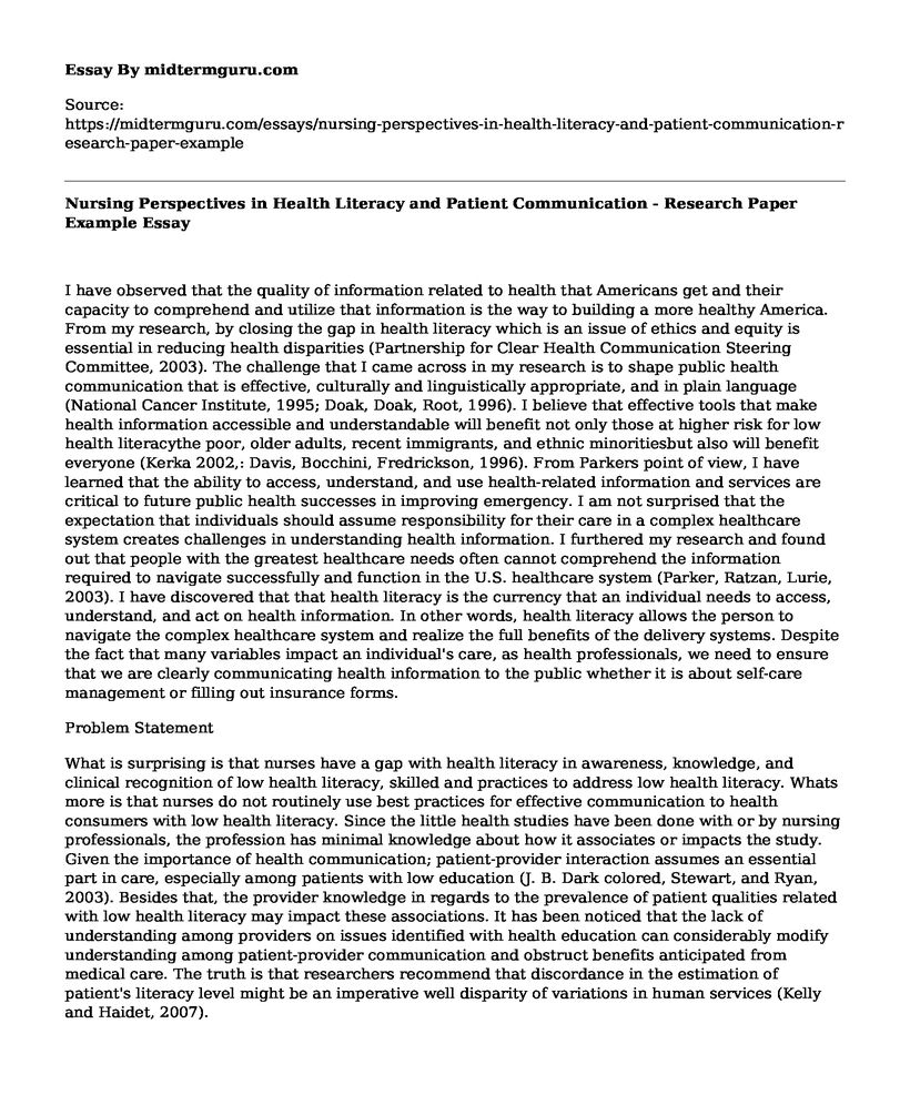 Nursing Perspectives in Health Literacy and Patient Communication - Research Paper Example