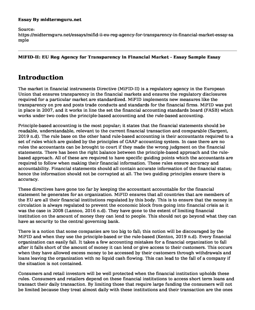 MiFID-II: EU Reg Agency for Transparency in Financial Market - Essay Sample