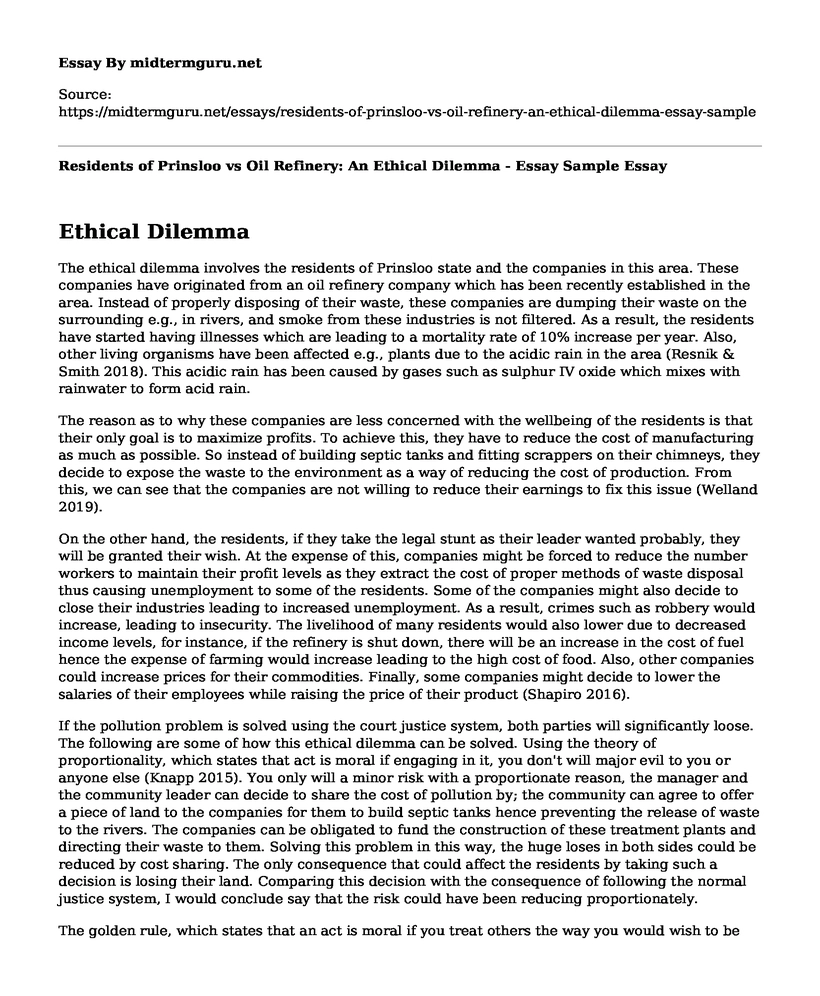 Residents of Prinsloo vs Oil Refinery: An Ethical Dilemma - Essay Sample