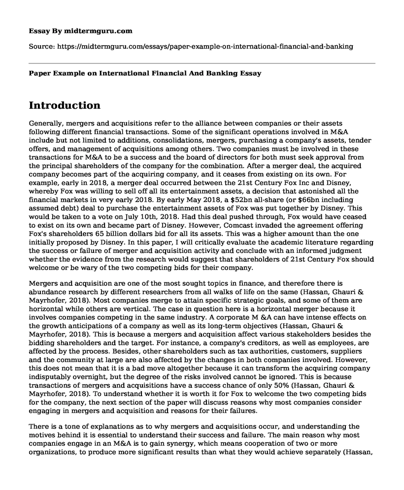 Paper Example on International Financial And Banking