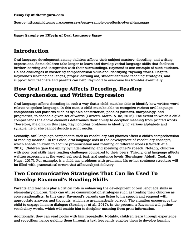 Essay Sample on Effects of Oral Language