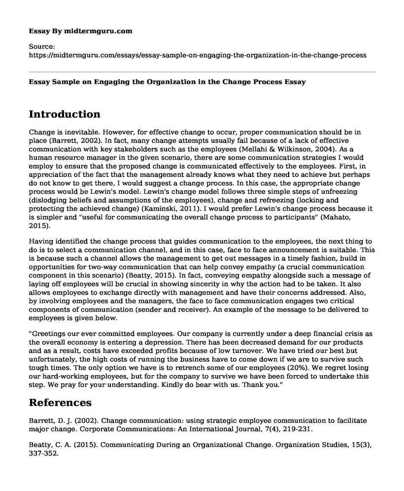 Essay Sample on Engaging the Organization in the Change Process