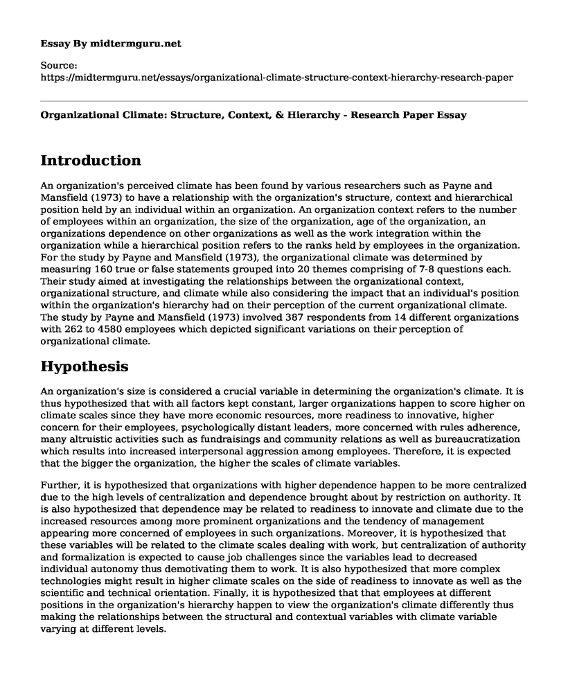 Organizational Climate: Structure, Context, & Hierarchy - Research Paper