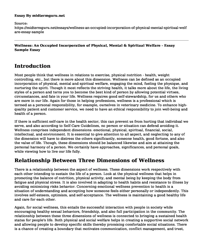 Wellness: An Occupied Incorporation of Physical, Mental & Spiritual Welfare - Essay Sample