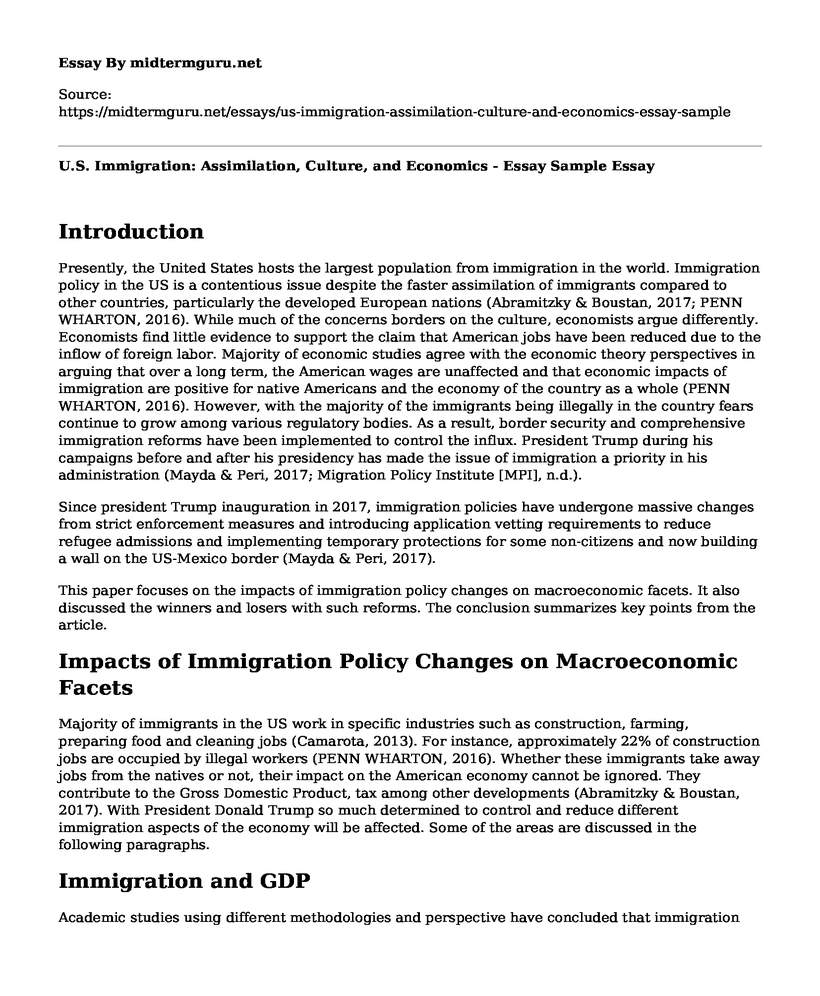 U.S. Immigration: Assimilation, Culture, and Economics - Essay Sample