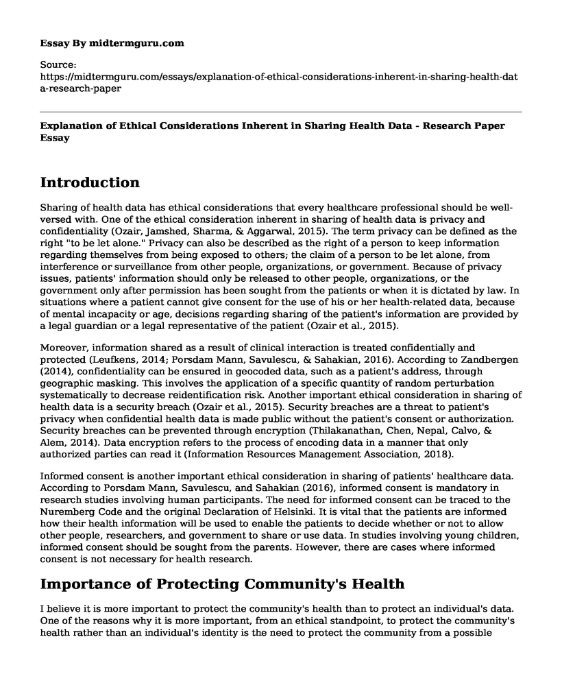 Explanation of Ethical Considerations Inherent in Sharing Health Data - Research Paper