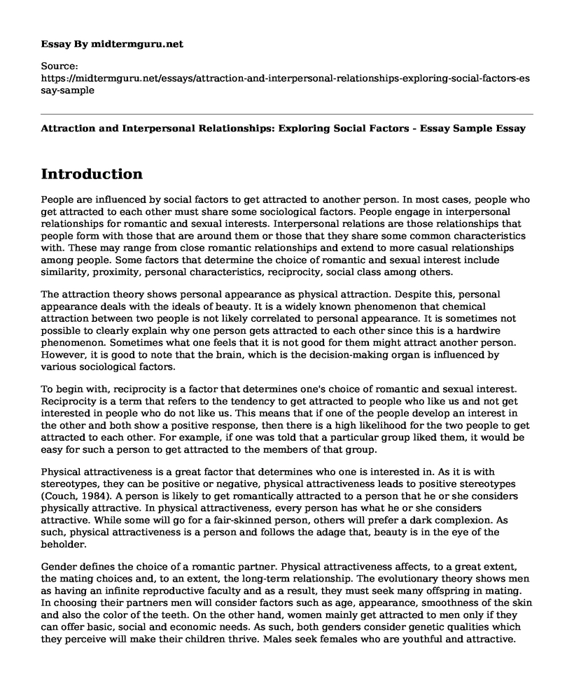 Attraction and Interpersonal Relationships: Exploring Social Factors - Essay Sample