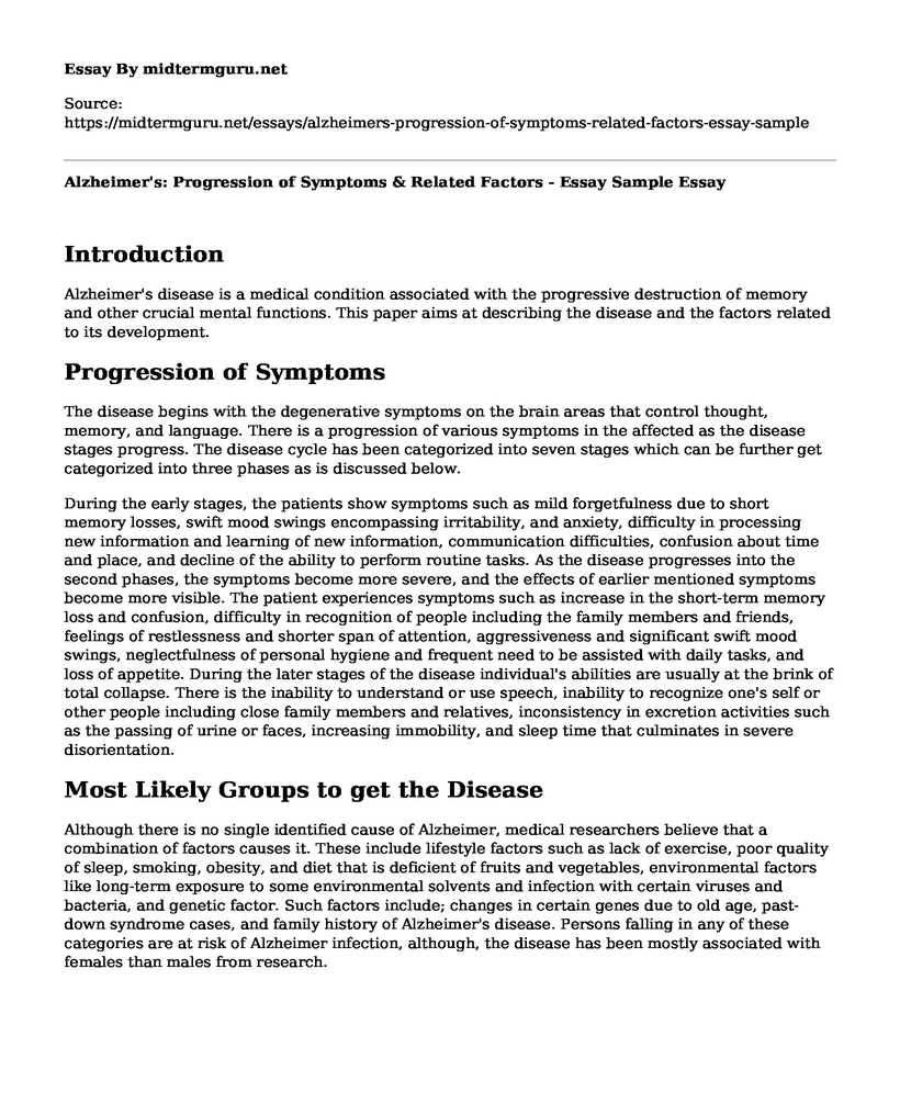 Alzheimer's: Progression of Symptoms & Related Factors - Essay Sample