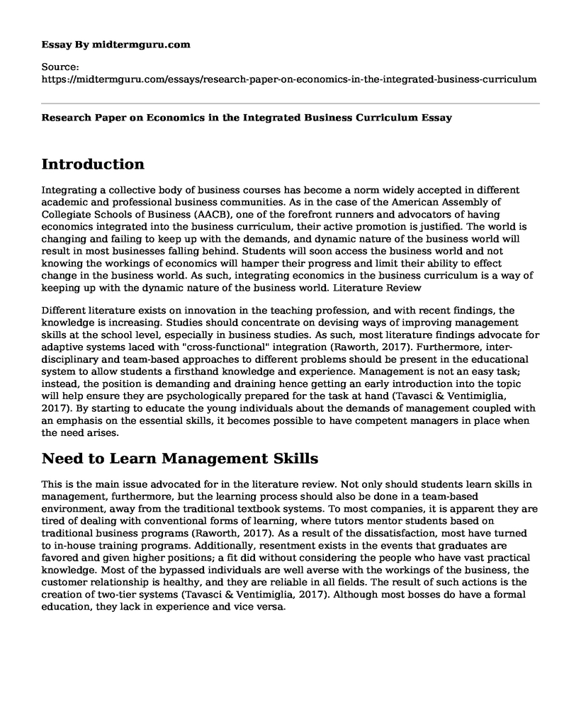 Research Paper on Economics in the Integrated Business Curriculum