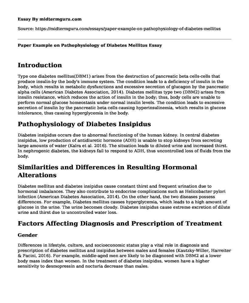 Paper Example on Pathophysiology of Diabetes Mellitus