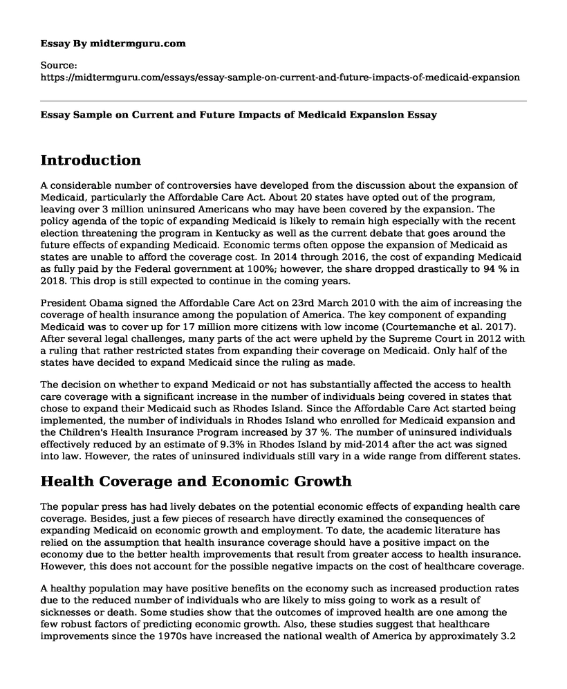 Essay Sample on Current and Future Impacts of Medicaid Expansion