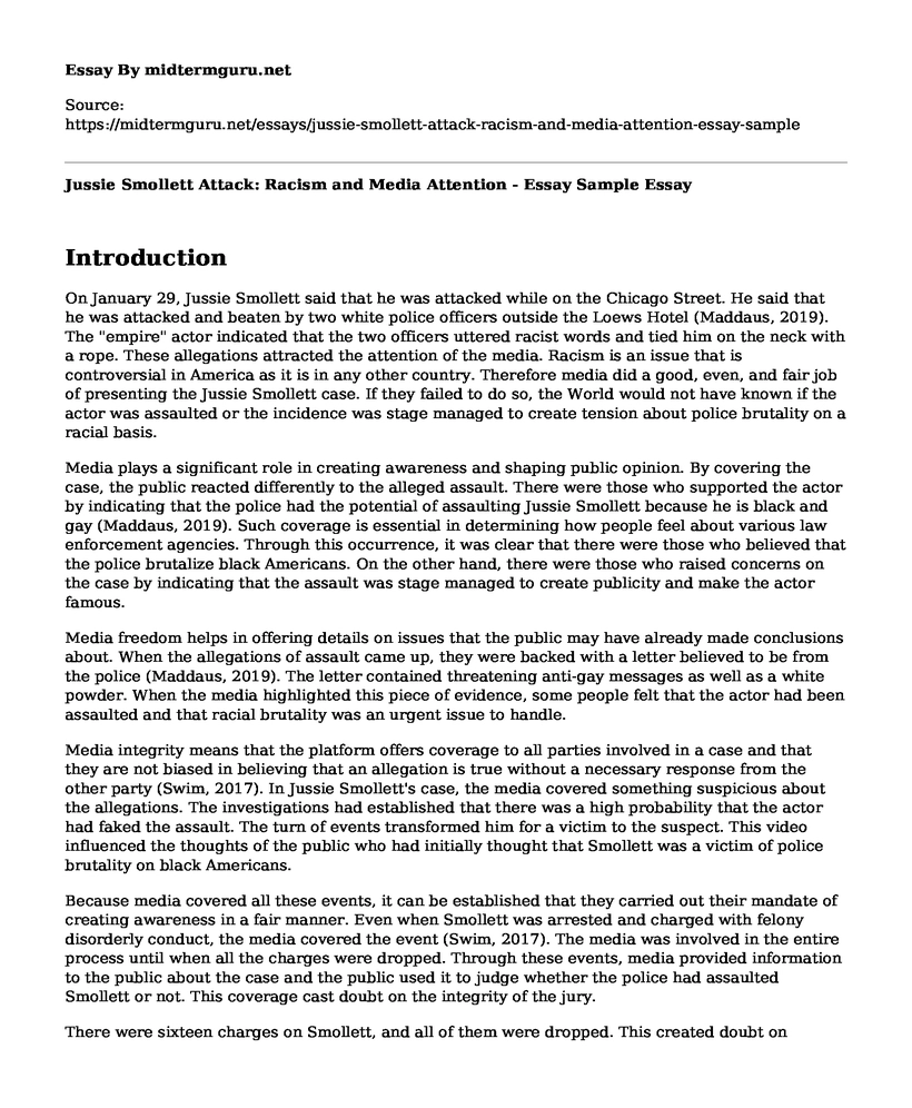 Jussie Smollett Attack: Racism and Media Attention - Essay Sample