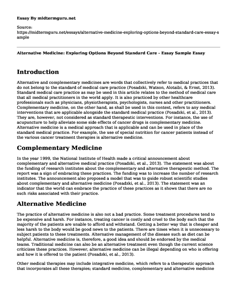 Alternative Medicine: Exploring Options Beyond Standard Care - Essay Sample
